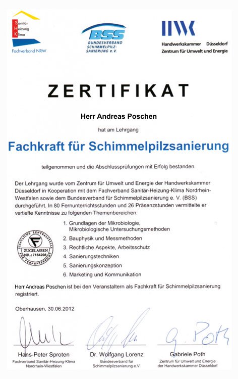 Zertifikat Schimmelpilzsanierung Andreas Poschen